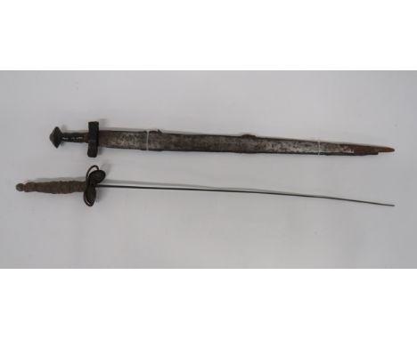 19th Century Sudanese Kaskara Sword and Fencing Foil28 1/2 inch, double edged blade.  Leather covered, plain steel crossguard