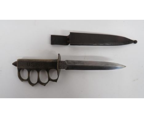 WW1 French Contract Made American Trench Knife6 1/4 inch, double edged blade.  The forte with "A U. Lion" maker's stamp.  Cas