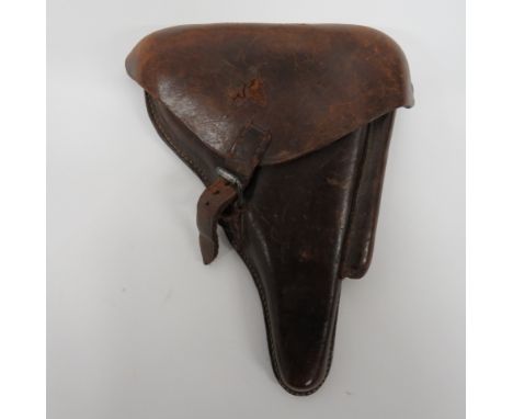 Imperial German Luger Holsterbrown leather, stiff body with side, spare magazine compartment.  Top flap secured by strap and 