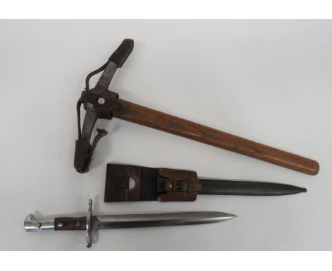 Swiss M1918 Schmidt Rubin Bayonet and Pioneer Axe11 3/4 inch, double edged blade.  The forte stamped "Elsener Schwyz".  Steel