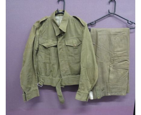 Rare Set of Early WW2 Denim Battle Dress Jacket and Trousersconsisting green denim battle dress jacket.  Pleated chest pocket