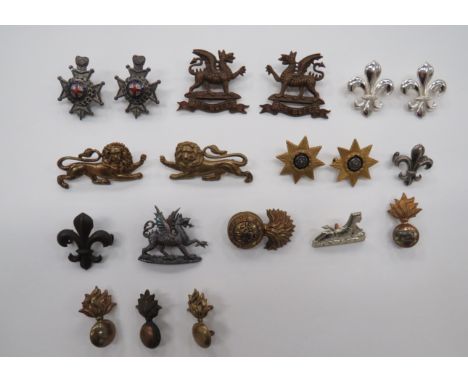 Selection of Infantry Collar Badgesincluding pair silvered and gilt East Yorkshire ... Pair bronzed The Buffs ... Silvered dr