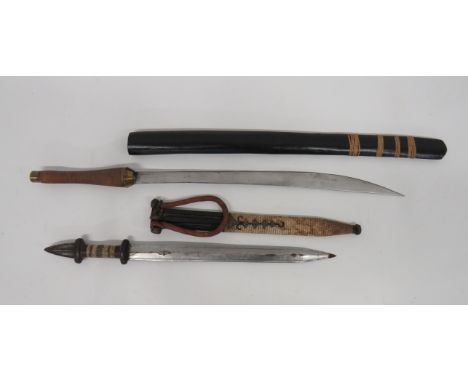 Two Various Swordsconsisting African short sword.  16 1/2 inch, double edged blade with edge line engraving.  Leather covered