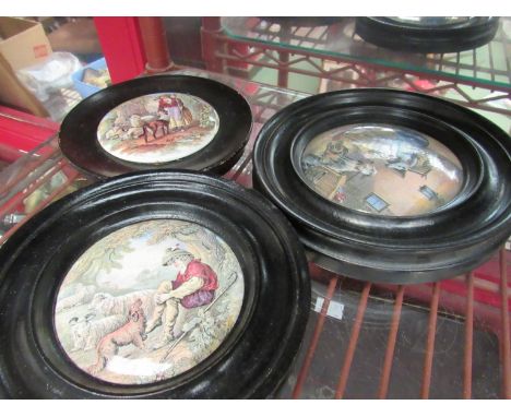 Three Victorian F &amp; R Pratt pot lids. Framed 