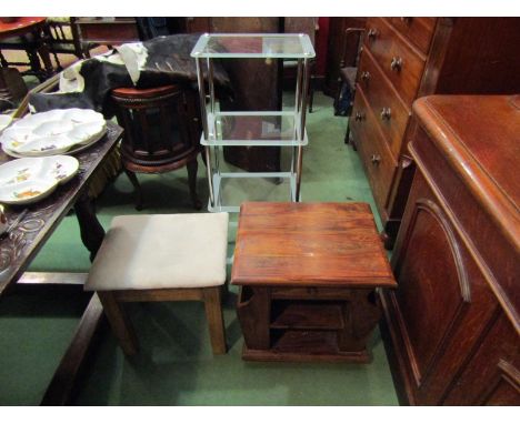 An exotic wood lamp table/oak leg stool and a four tier glass and chrome shelf (2)