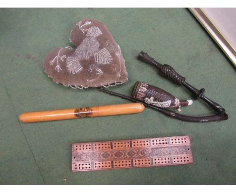 A Victorian Valentine's beadwork heart-shaped pin cushion, a Mauchline ware needlebox "East Grinstead", a Tunbridgeware vesta