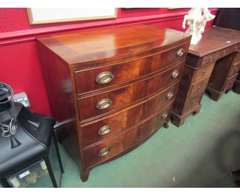 A circa 1840 crossbanded mahogany bow front chest of four graduating long drawers on outswept bracket feet, 85.5cm high x 90c