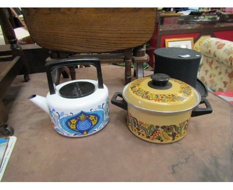 A 1970's enamel kettle and pot