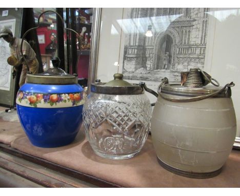 Three biscuit barrels including ceramic and frosted glass examples