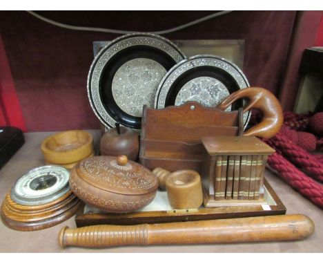 A cutlery box of wooden wares including barometer and truncheon