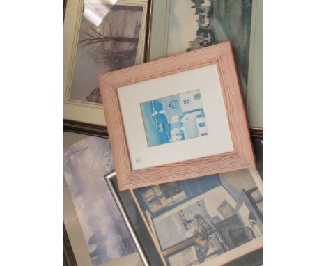 Six assorted pictures and prints including print after R. Wintz "The Blue Door" and another coastal example