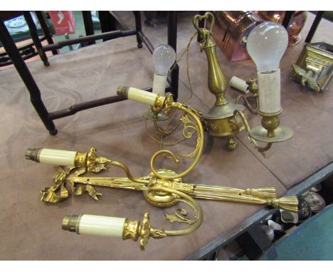 A gilded 3 sconce wall light and a 3 branch ceiling light