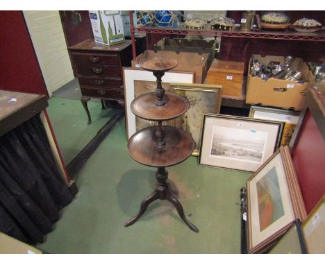 A Victorian style mahogany three tier dumb-waiter, turned supports, on tripod base, 96cm high    