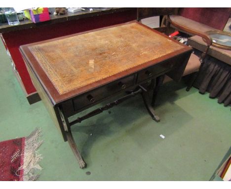 A reproduction mahogany sofa table with twin frieze drawers, tooled leather top 90 x 55.5cm  