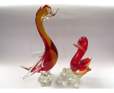 Murano Art Deco red and amber glass duck on clear glass mount (20cm) plus similar item (28cm) (2)  