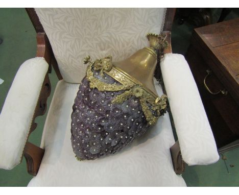 A pair of large decorative brass framed ceiling lights with ribbons and swags over cone form shades of multiple amethyst glas