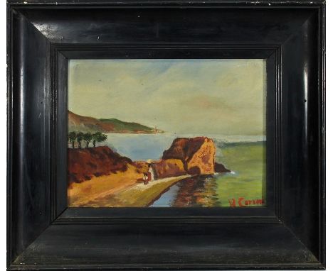 Paesaggio di mare, olio su faesite R. Corsini 1938, cm. 32x25 cornice coeva