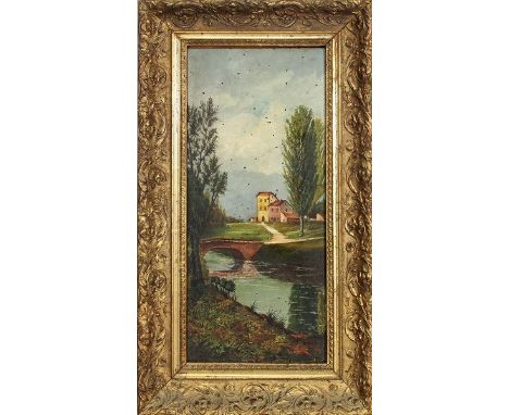 Paesaggio fluviale, R. Casoni, olio su tavoletta, cm. 22x48 primi '900 cornice coeva