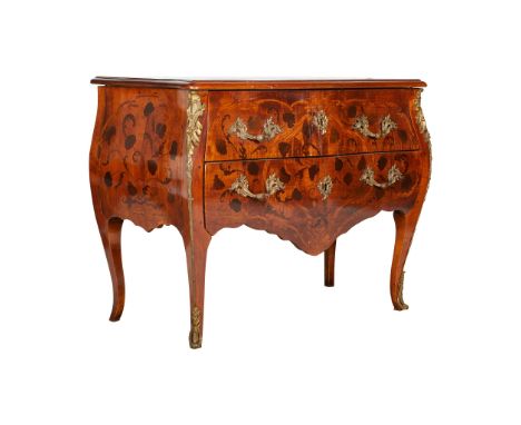 French Louis XV style rococo marquetry bombe commode. With floral marquetry along the front of the drawers and top. With two 