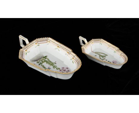 Royal Copenhagen, Denmark. Pair of Flora Danica botanical porcelain relish dishes, shape numbers 20 3542 and 20 3544. Both ma