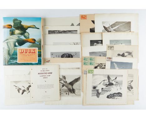 Large group of federal duck stamps, together with prints of the designs of the duck stamps. Includes two books: "Duck Stamps 