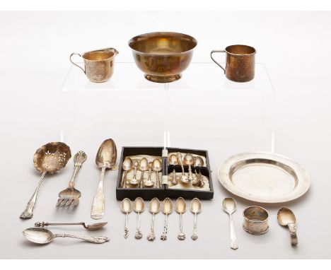 Group of sterling silver objects including ten teaspoons, three serving utensils, one bowl, one plate, two handled cups, and 