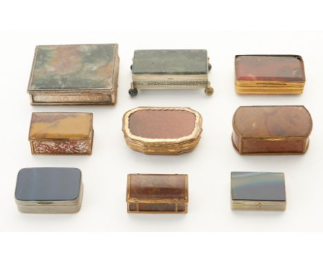 Group of nine rectangular snuff and match boxes with agate in varying colors. The boxes are mounted in gilt metal and silver.