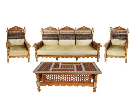 Levantine or Persian salon suite of inlaid furniture, comprised of two chairs, one sofa, and a low table. The hardwood chairs