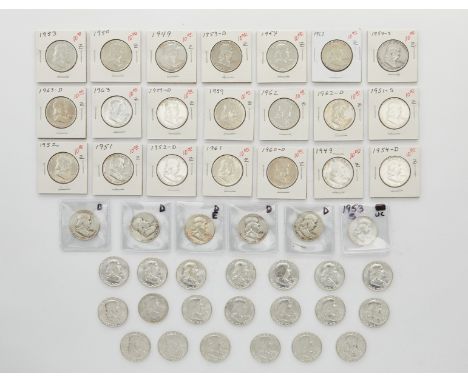 Group of 47 Benjamin Franklin half dollar coins ranging from 1949-1963. Featuring a profile bust of Benjamin Franklin on the 