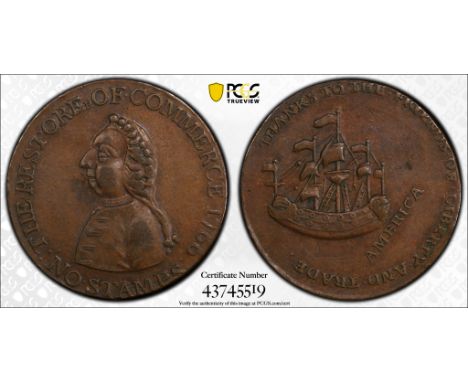 One 1766 William Pitt half penny token featuring a left facing portrait of William Pitt, a British ally of the Colonial Ameri