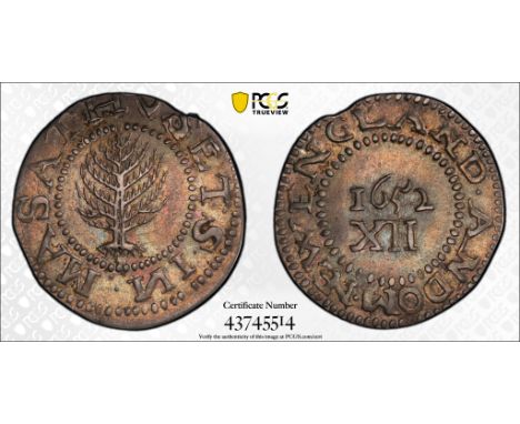 John Hull and Robert Saunderson (American, 17th Century). One 1652 large planchet pine tree shilling with no pellets featurin