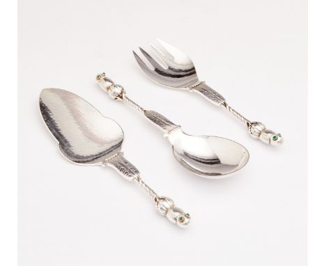 Georg Jensen, Denmark. Set of sterling silver serving utensils, comprised of one flat server, one rounded serving spoon, and 