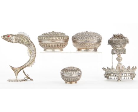 Five pieces of silver including one Middle Eastern spice tower in the form of a leaping fish, one spice tower with hanging de