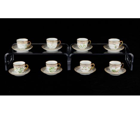 Royal Copenhagen, Denmark. Set of eight Flora Danica botanical porcelain demitasse cups and saucers, shape number 20 3618. Ea