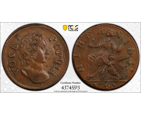 One 1760 Hibernia Voce Populi halfpenny featuring a right facing portrait along the obverse and "VOCE POPULI" and along the r