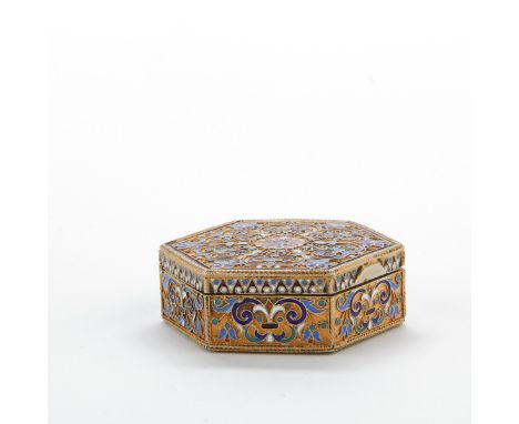 Gustav Klingert (Russian, 19th century). One Russian silver-gilt and enamel hexagonal snuff box. With Klingert's makers mark 