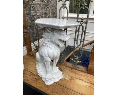 A modern white ceramic Foo Lion Occasional Table, with hexagonal top, a small modern wooden tray top Table, and a small decor