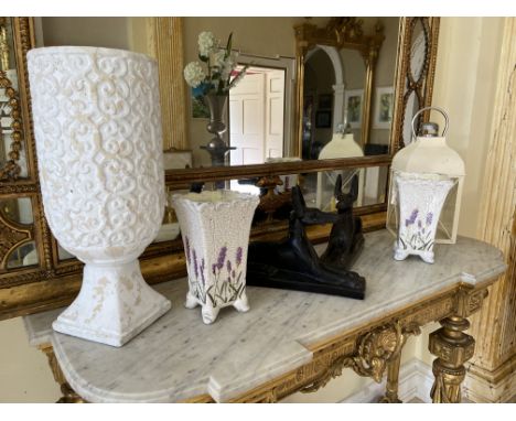 A pair of modern Vases, each on four legs, a pair of composition Egyptian black Tomb Dogs, a Candle Lantern, and a compositio