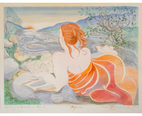Pauline Bewick (b.1935)   ''Writing a Book on a Rock,'' Limited Edition, coloured Lithograph 11/13, 11 1/2'' x 22'' (43cms x 
