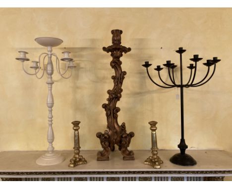 A rococo style gilt Candle Stand, 39'' (99cms), a four branch white painted metal Floor Candelabra; and a pair of modern gilt