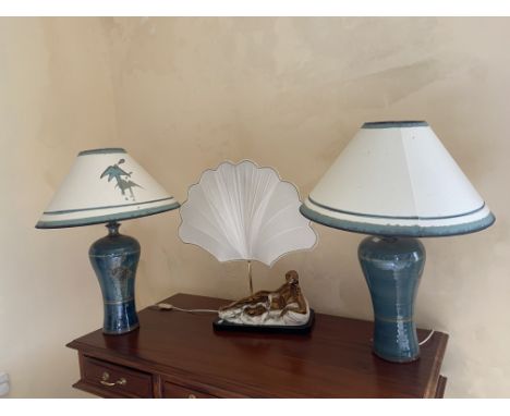 A pair of baluster shaped stoneware Table Lamps, with matching shades and another unusual Table Lamp with lustre ceramic recl