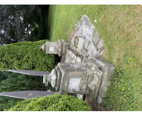 A pair of 19th Century Pugin style sandstone Plinths (both as is) one with urn finial, both with three Wm Morris style cerami