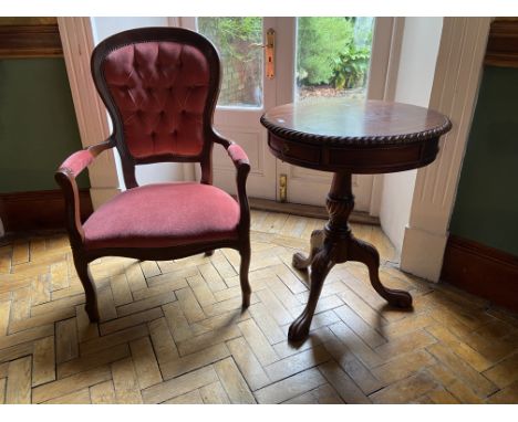 A modern Chippendale style mahogany Drum Table, on tripod base with ball n' claw feet, 24'' (61cms), together with a French s