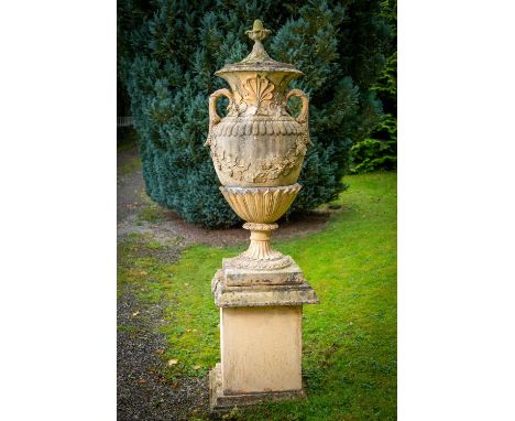 A massive pair of terracotta coloured composition stone Garden Urns, Covers and Plinths, 7' 6'' x 24'' (228cms x 61cms), each