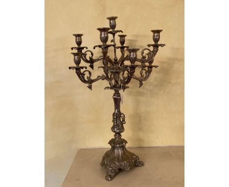 A fine heavy Sheffield silver plated - 8 branch - 9 light Candelabrum, with leaf cast arms on baluster stem and tripod base, 