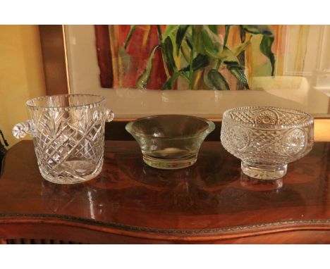 A Tyrone crystal Bowl, 8 1/2'' (22cms), a heavy cutglass Ice Bucket 7'' (18cms), and a heavy circular glass Bowl, 9'' (23cms)