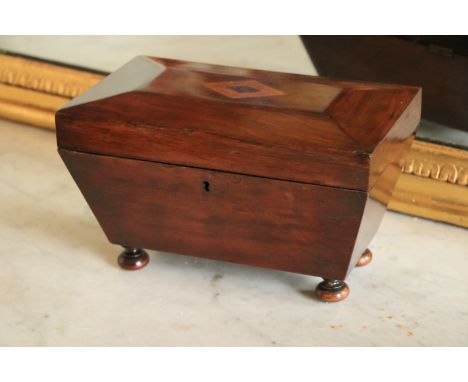 A William IV period mahogany Tea Caddy, of casket form on ball feet, 10'' (25cms). (1) 