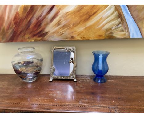 A two handled Planter, with dried flowers, a tall stoneware Vase with floral decoration, a blue glass Candle Light, a baluste