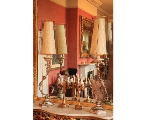 A pair of Art Nouveau style gilt six branch Figural Candelabra, 17'' (43cms); together with a pair of tall painted rustic met