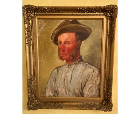 19th Century British School   ''Portrait of a red faced Peasant Farmer, with side locks,'' O.O.B., indistinctly signed and da